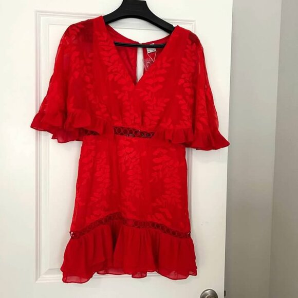 Selfie Leslie Red Mini Dress  Swiss Dot Ruffle Cutout Partywear Medium BNWT - Picture 5 of 8